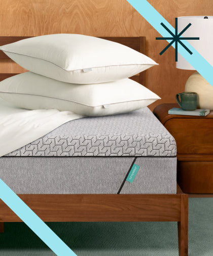 Tuft and Needle Mint Mattress sitting in a brown bed frame with 2 pillows on top of it.